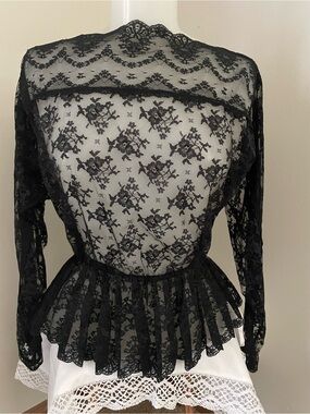 Vtg Albert Capraro Black Lace Peplum Blouse Sheer Victorian Gothic Romantic